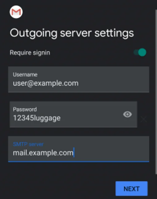 Android giden sunucu (SMTP) ayarları ekranı