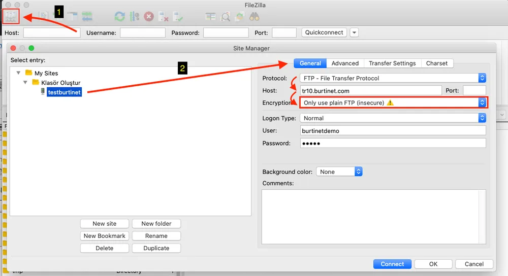 FileZilla site yöneticisinde FTP bağlantı ayarları ekranı