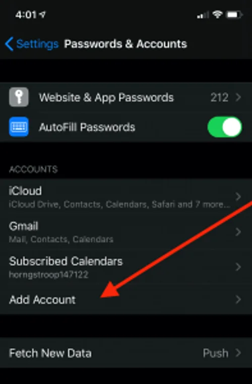 iOS Şifreler ve Hesaplar menüsünde Hesap Ekle seçeneği