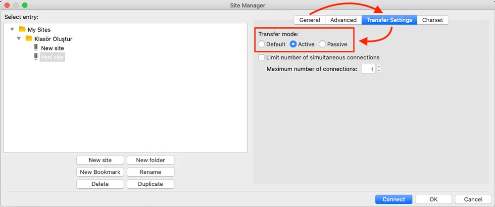 FileZilla aktarım ayarlarında Aktif ve Pasif mod seçimi