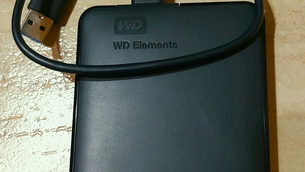 Siyah renkli harici sabit disk sürücüsü (WD Elements) yakın çekim