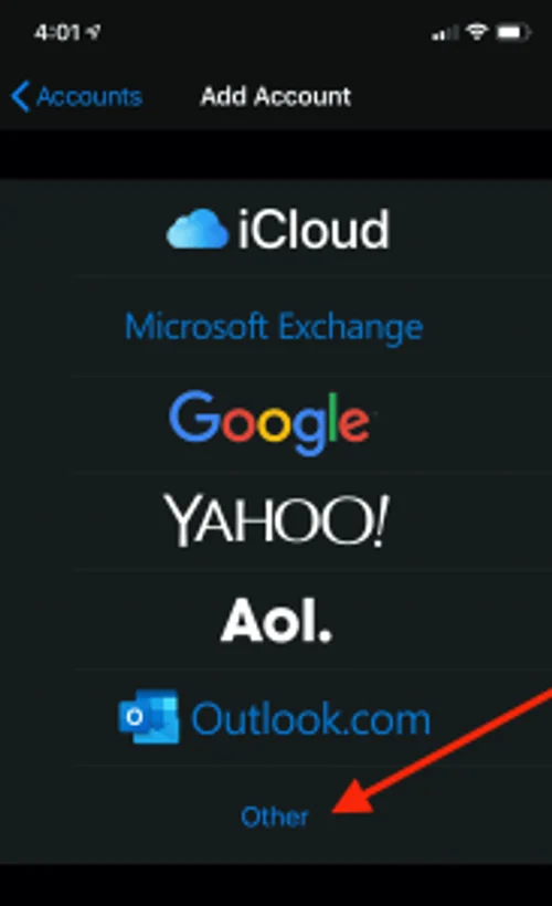 iOS Hesap Ekle ekranında Diğer seçeneği
