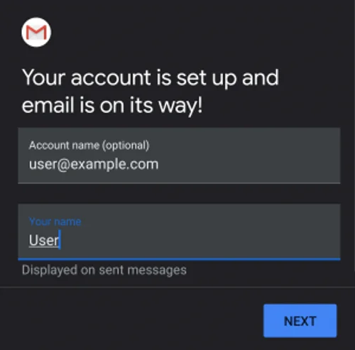Android e-posta kurulumu tamamlandı onay ekranı