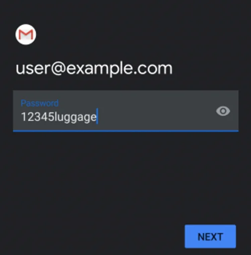 Android e-posta parolası girme ekranı