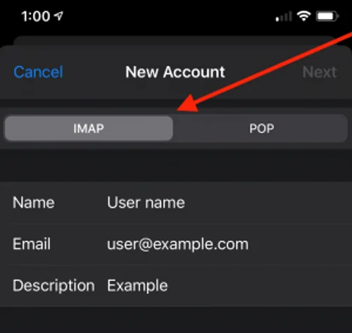 iOS posta kutusu türü seçimi: IMAP veya POP3