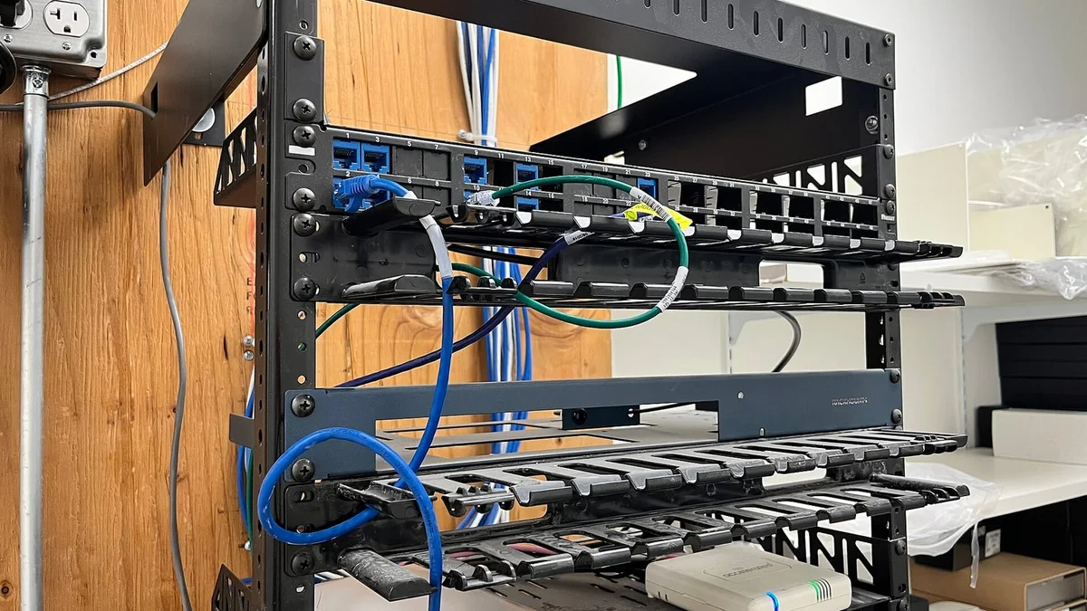 Sunucu rafında düzenli şekilde bağlanmış ağ kabloları ve patch panel