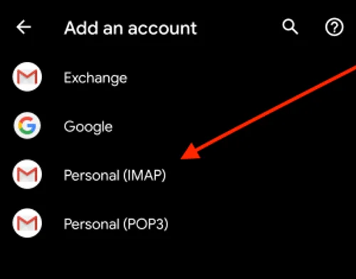 Android Hesap Ekle ekranında IMAP seçeneği