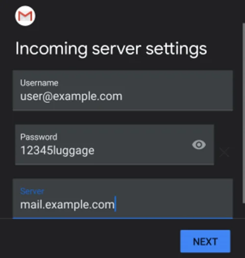 Android gelen sunucu (IMAP) ayarları ekranı